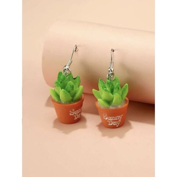Aloe Potted Plant Dangle Earrings - Picture 4 of 4